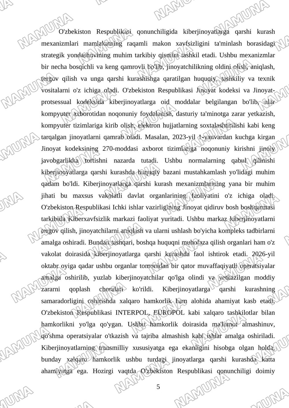 Kiberjinoyatlar va ularning huquqiy tartibga solinishi — mustaqil ish, 5-varaq