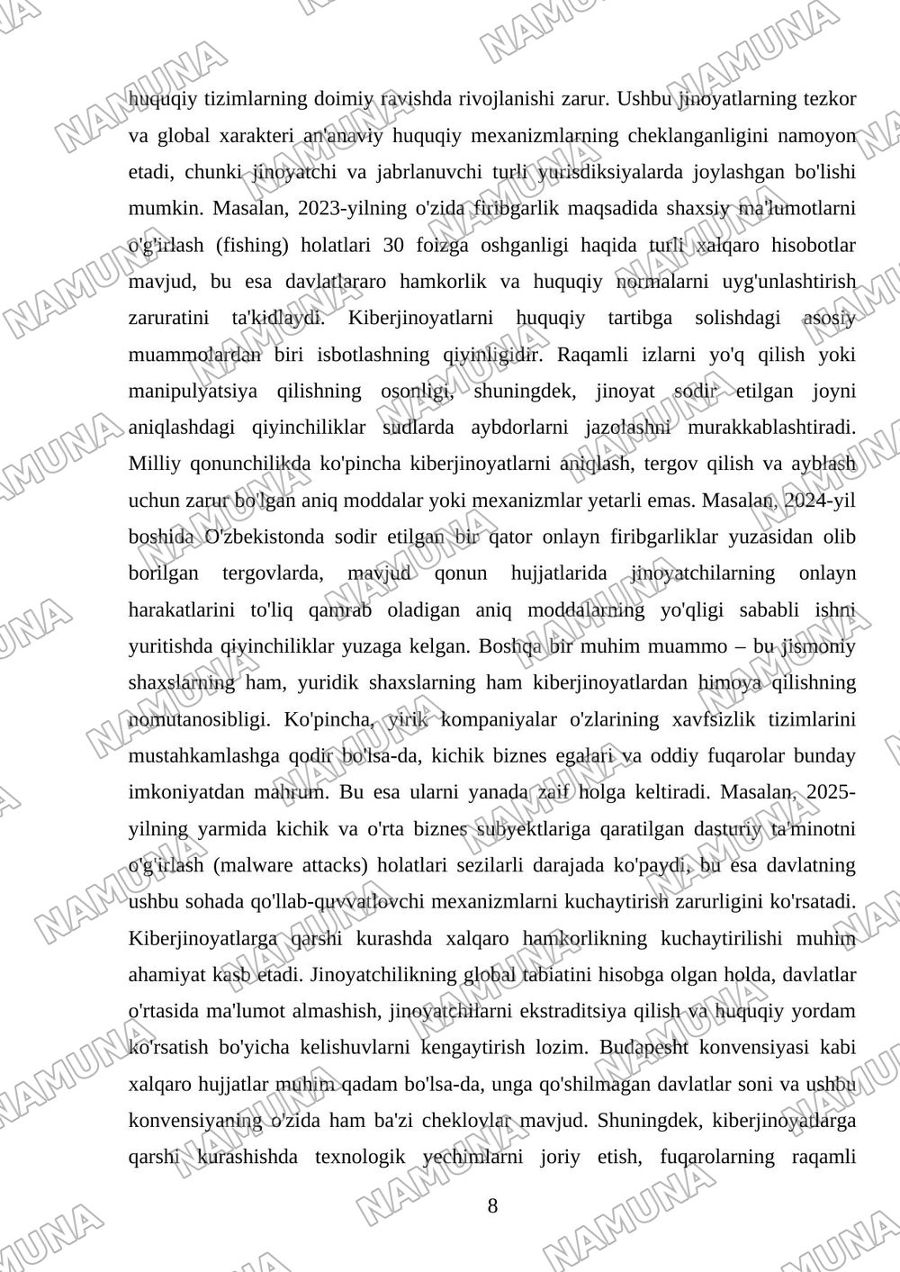 Kiberjinoyatlar va ularning huquqiy tartibga solinishi — mustaqil ish, 8-varaq