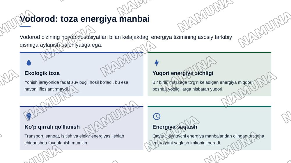 Vodorod energetikasi va dekarbonizatsiya jarayonlarining kelajak iqtisodiyotidagi o‘rni. — zamonaviy taqdimot, 4-slayd
