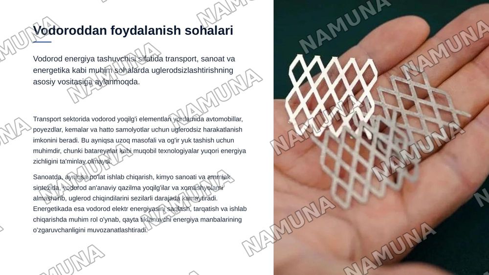 Vodorod energetikasi va dekarbonizatsiya jarayonlarining kelajak iqtisodiyotidagi o‘rni. — zamonaviy taqdimot, 8-slayd