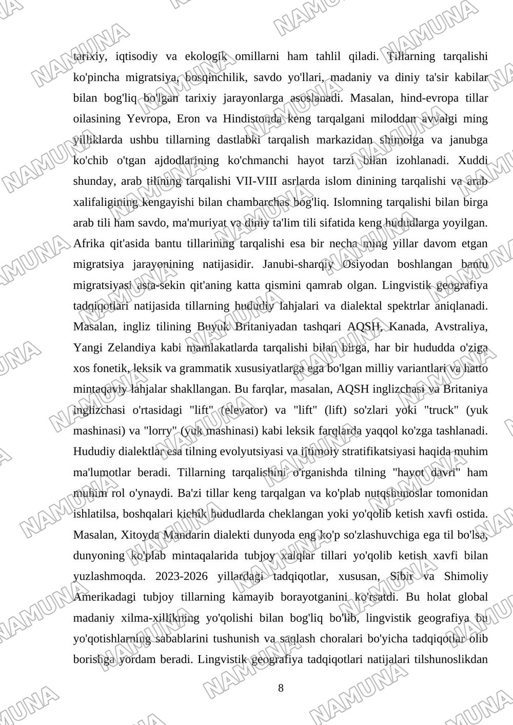 Dunyoning lingvistik xaritasi — mustaqil ish, 8-varaq