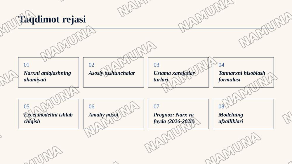 Microsoft Excel yordamida mahsulot tannarxi, ustama xarajatlar va sotish narxini hisoblashning iqtisodiy modelini ishlab chiqish — zamonaviy taqdimot, 2-slayd