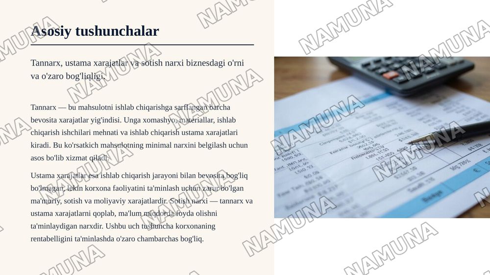 Microsoft Excel yordamida mahsulot tannarxi, ustama xarajatlar va sotish narxini hisoblashning iqtisodiy modelini ishlab chiqish — zamonaviy taqdimot, 4-slayd
