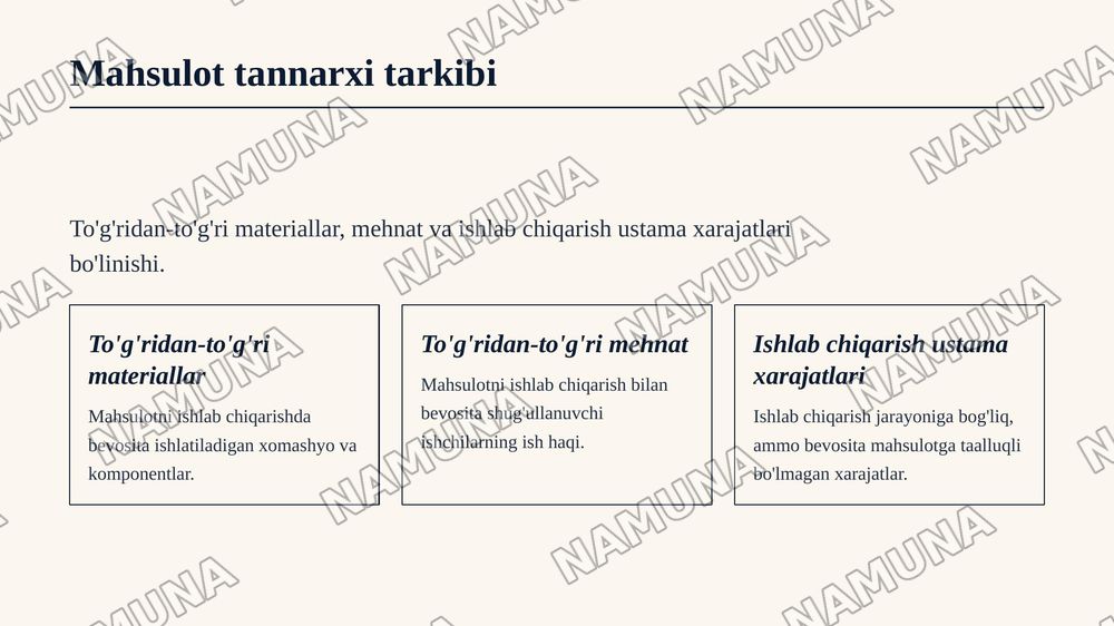 Microsoft Excel yordamida mahsulot tannarxi, ustama xarajatlar va sotish narxini hisoblashning iqtisodiy modelini ishlab chiqish — zamonaviy taqdimot, 5-slayd