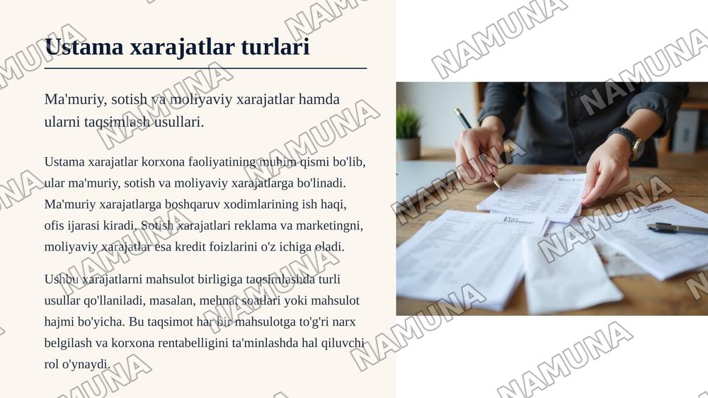 Microsoft Excel yordamida mahsulot tannarxi, ustama xarajatlar va sotish narxini hisoblashning iqtisodiy modelini ishlab chiqish — zamonaviy taqdimot, 6-slayd
