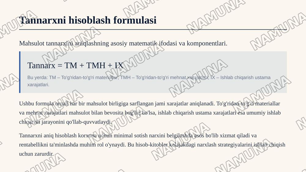 Microsoft Excel yordamida mahsulot tannarxi, ustama xarajatlar va sotish narxini hisoblashning iqtisodiy modelini ishlab chiqish — zamonaviy taqdimot, 7-slayd