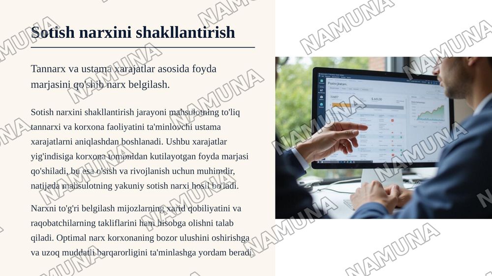 Microsoft Excel yordamida mahsulot tannarxi, ustama xarajatlar va sotish narxini hisoblashning iqtisodiy modelini ishlab chiqish — zamonaviy taqdimot, 8-slayd
