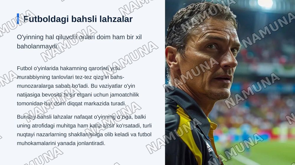 Bir vaziyat — uch xil qarash»

G‘oya: bitta bahsli futbol vaziyatini uch xil nuqtayi nazardan yoritish:
 • jurnalist voqeani qanday tahlil qiladi;
 • futbol mutaxassisi qanday izohlaydi;
 • muxlislar bu haqda nima deb o‘ylaydi.

Masalan, murabbiyning almashtirish qarori yoki hakamning bahsli qarori. — zamonaviy taqdimot, 3-slayd