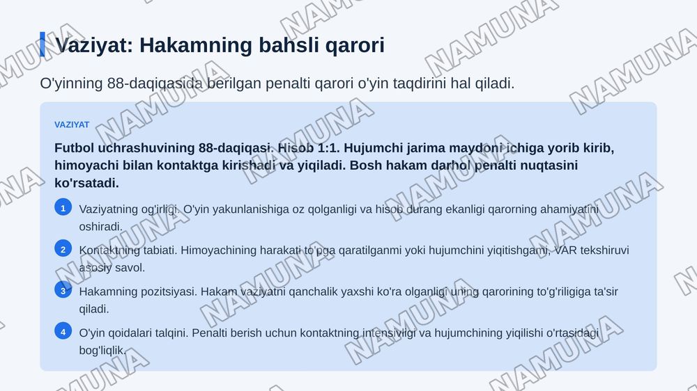 Bir vaziyat — uch xil qarash»

G‘oya: bitta bahsli futbol vaziyatini uch xil nuqtayi nazardan yoritish:
 • jurnalist voqeani qanday tahlil qiladi;
 • futbol mutaxassisi qanday izohlaydi;
 • muxlislar bu haqda nima deb o‘ylaydi.

Masalan, murabbiyning almashtirish qarori yoki hakamning bahsli qarori. — zamonaviy taqdimot, 5-slayd