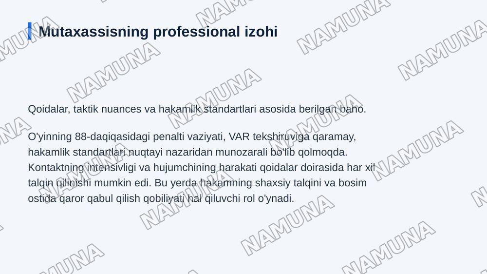 Bir vaziyat — uch xil qarash»

G‘oya: bitta bahsli futbol vaziyatini uch xil nuqtayi nazardan yoritish:
 • jurnalist voqeani qanday tahlil qiladi;
 • futbol mutaxassisi qanday izohlaydi;
 • muxlislar bu haqda nima deb o‘ylaydi.

Masalan, murabbiyning almashtirish qarori yoki hakamning bahsli qarori. — zamonaviy taqdimot, 7-slayd