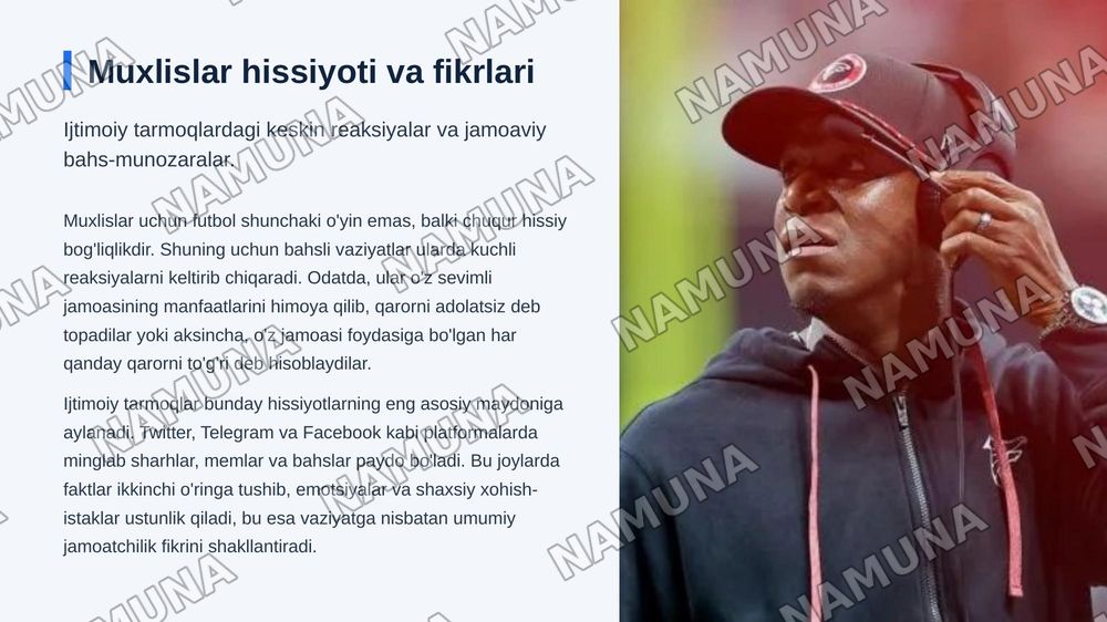 Bir vaziyat — uch xil qarash»

G‘oya: bitta bahsli futbol vaziyatini uch xil nuqtayi nazardan yoritish:
 • jurnalist voqeani qanday tahlil qiladi;
 • futbol mutaxassisi qanday izohlaydi;
 • muxlislar bu haqda nima deb o‘ylaydi.

Masalan, murabbiyning almashtirish qarori yoki hakamning bahsli qarori. — zamonaviy taqdimot, 8-slayd