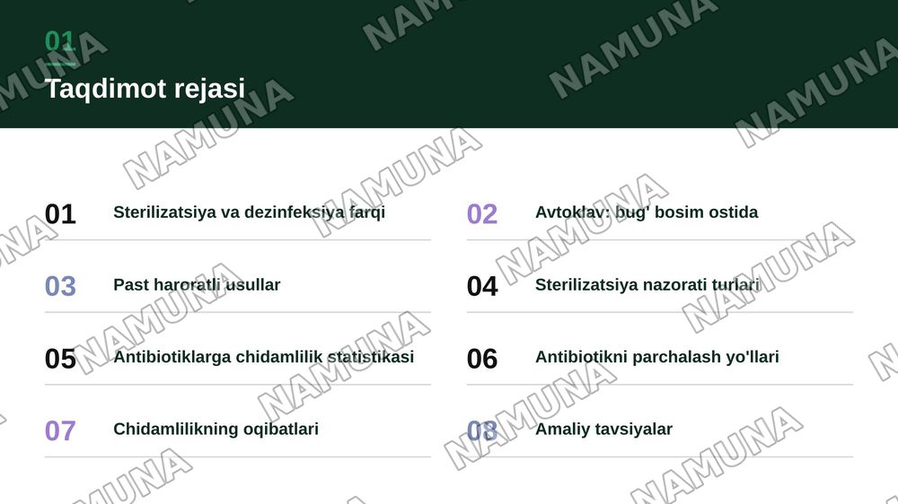 Tibbiyotda zamonaviy sterilizatsiya usullari. Srelizatsiya dezinfeksiya usullariga bakteriologik baxo berish .
​Kimyoterapevtik preparatlar va antibiotiklarga bakteriyalarning chidamli shtammlarining shakllanish mehanizmlari — zamonaviy taqdimot, 2-slayd