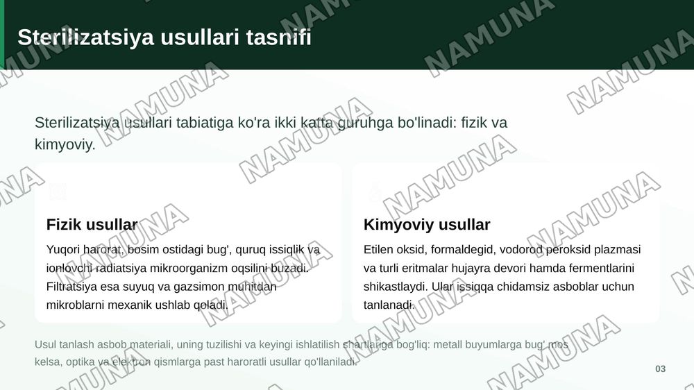 Tibbiyotda zamonaviy sterilizatsiya usullari. Srelizatsiya dezinfeksiya usullariga bakteriologik baxo berish .
​Kimyoterapevtik preparatlar va antibiotiklarga bakteriyalarning chidamli shtammlarining shakllanish mehanizmlari — zamonaviy taqdimot, 4-slayd