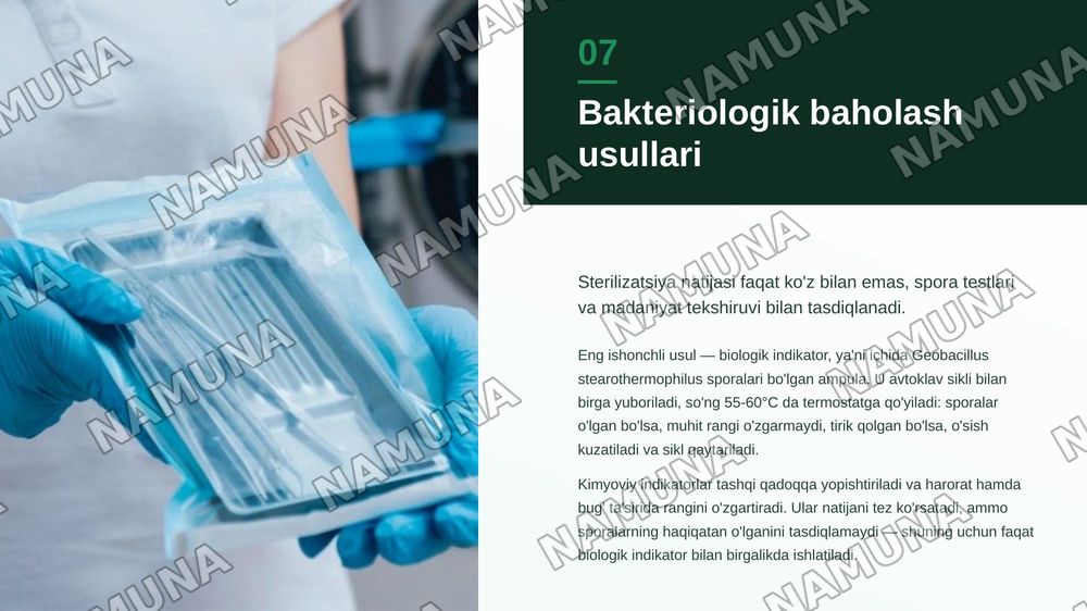 Tibbiyotda zamonaviy sterilizatsiya usullari. Srelizatsiya dezinfeksiya usullariga bakteriologik baxo berish .
​Kimyoterapevtik preparatlar va antibiotiklarga bakteriyalarning chidamli shtammlarining shakllanish mehanizmlari — zamonaviy taqdimot, 8-slayd