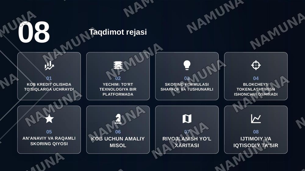 "FinTrust UZ": KOB uchun sun'iy intellekt, pul oqimi, ESG va
blokcheyn tokenlashtirishga asoslangan raqamli investitsiya kredit
skoring platformasi — zamonaviy taqdimot, 2-slayd