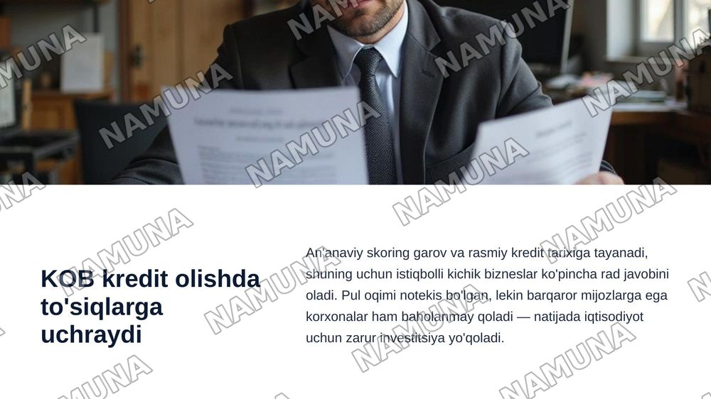 "FinTrust UZ": KOB uchun sun'iy intellekt, pul oqimi, ESG va
blokcheyn tokenlashtirishga asoslangan raqamli investitsiya kredit
skoring platformasi — zamonaviy taqdimot, 3-slayd