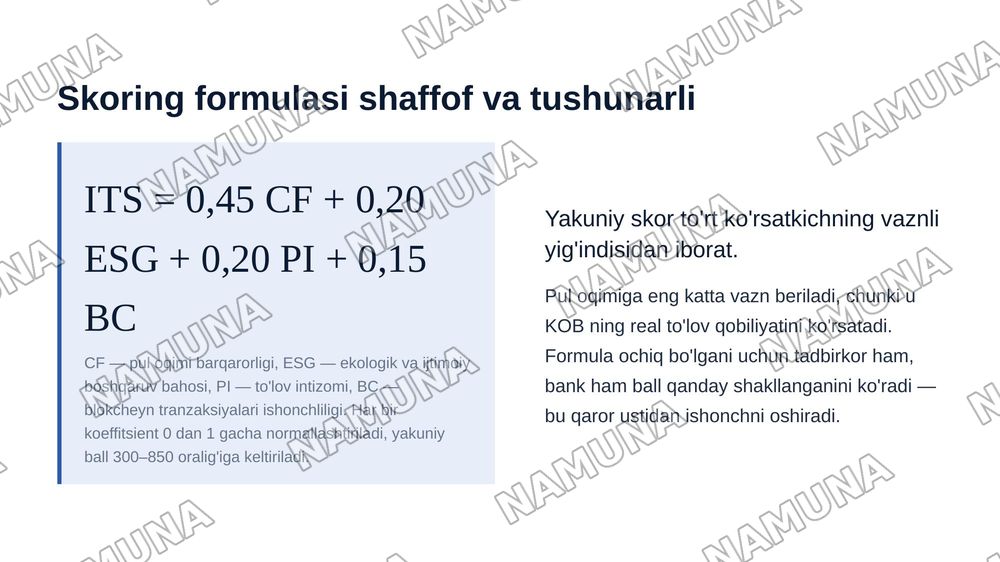 "FinTrust UZ": KOB uchun sun'iy intellekt, pul oqimi, ESG va
blokcheyn tokenlashtirishga asoslangan raqamli investitsiya kredit
skoring platformasi — zamonaviy taqdimot, 8-slayd