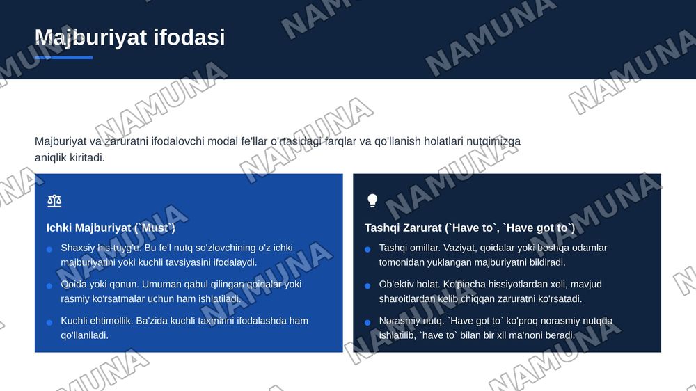 Modal feʼllar haqida yani Must have to have got to can could may might shu mavzularni qamrab olgan xolda prezintaysiya tayyorlab bering — zamonaviy taqdimot, 4-slayd