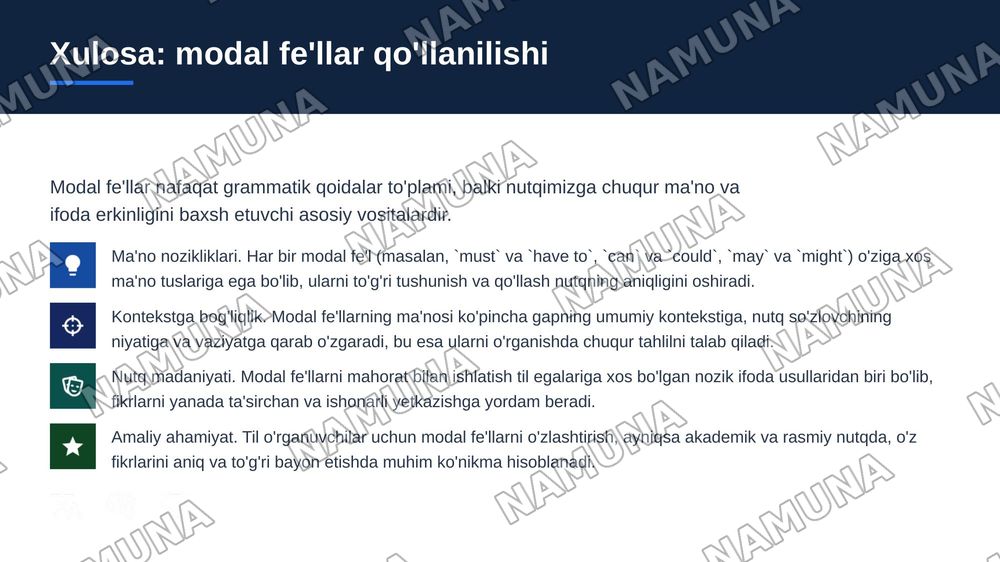 Modal feʼllar haqida yani Must have to have got to can could may might shu mavzularni qamrab olgan xolda prezintaysiya tayyorlab bering — zamonaviy taqdimot, 7-slayd