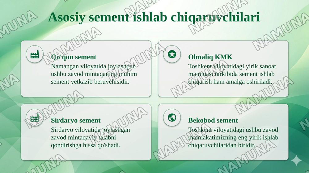O‘zbekistonda sement ishlab chiqarish zavodlari va ularning quvvati. — taqdimot, 4-slayd