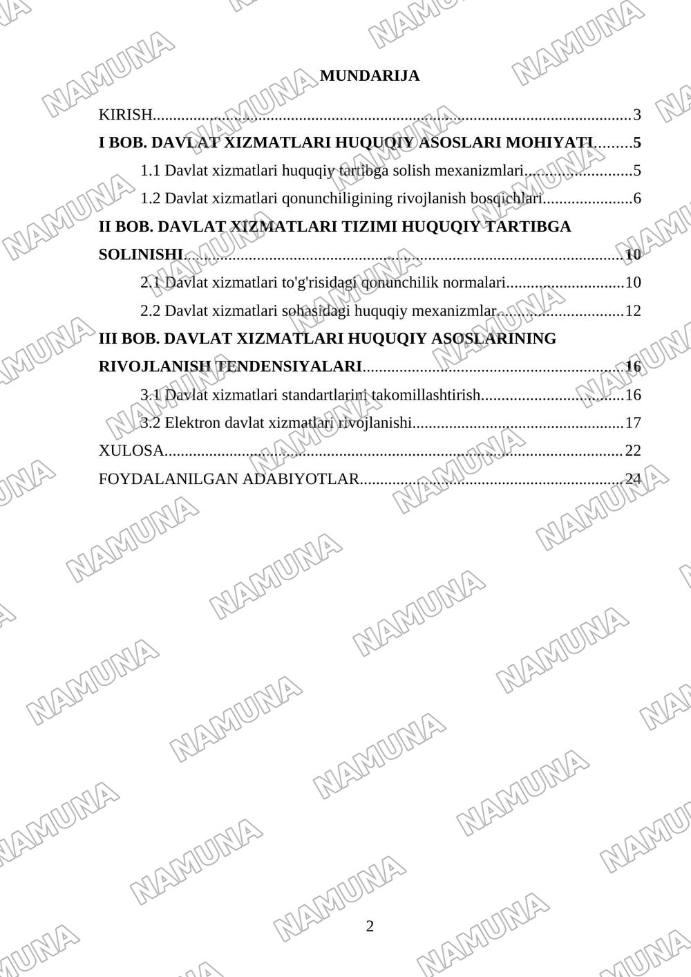 Davlat xizmatlari ko’rsatish tizimining huquqiy asoslari — kurs ishi, 2-varaq