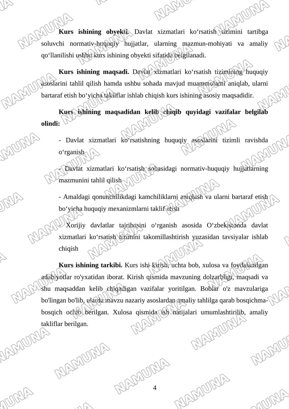 Davlat xizmatlari ko’rsatish tizimining huquqiy asoslari — kurs ishi, 4-varaq