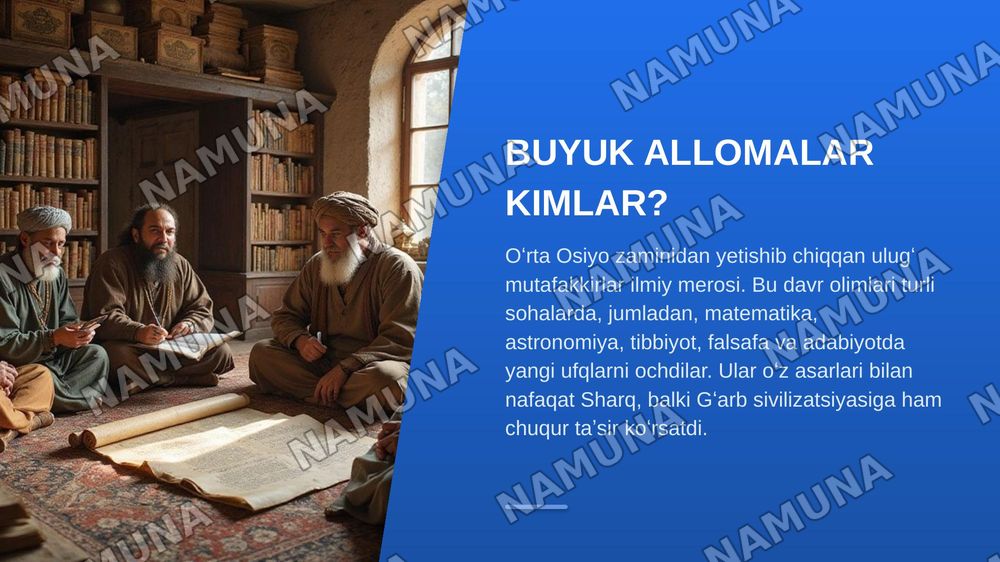 IX-XII asrlarda mamlakatimiz hududida roʻy bergan madaniy uygʻonish (Rennesans) Buyuk allomalarning jahon svilizatsiyasiga qoʻshgan hissasi — zamonaviy taqdimot, 7-slayd