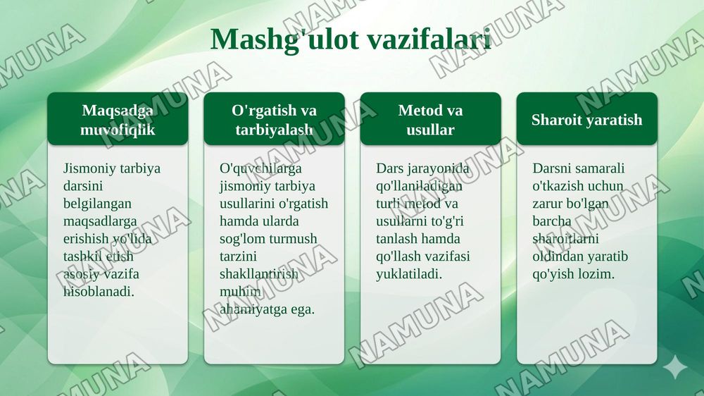 Jismoniy tarbiya darsi reja bayonnomasini tuzish metodikasi — taqdimot, 5-slayd