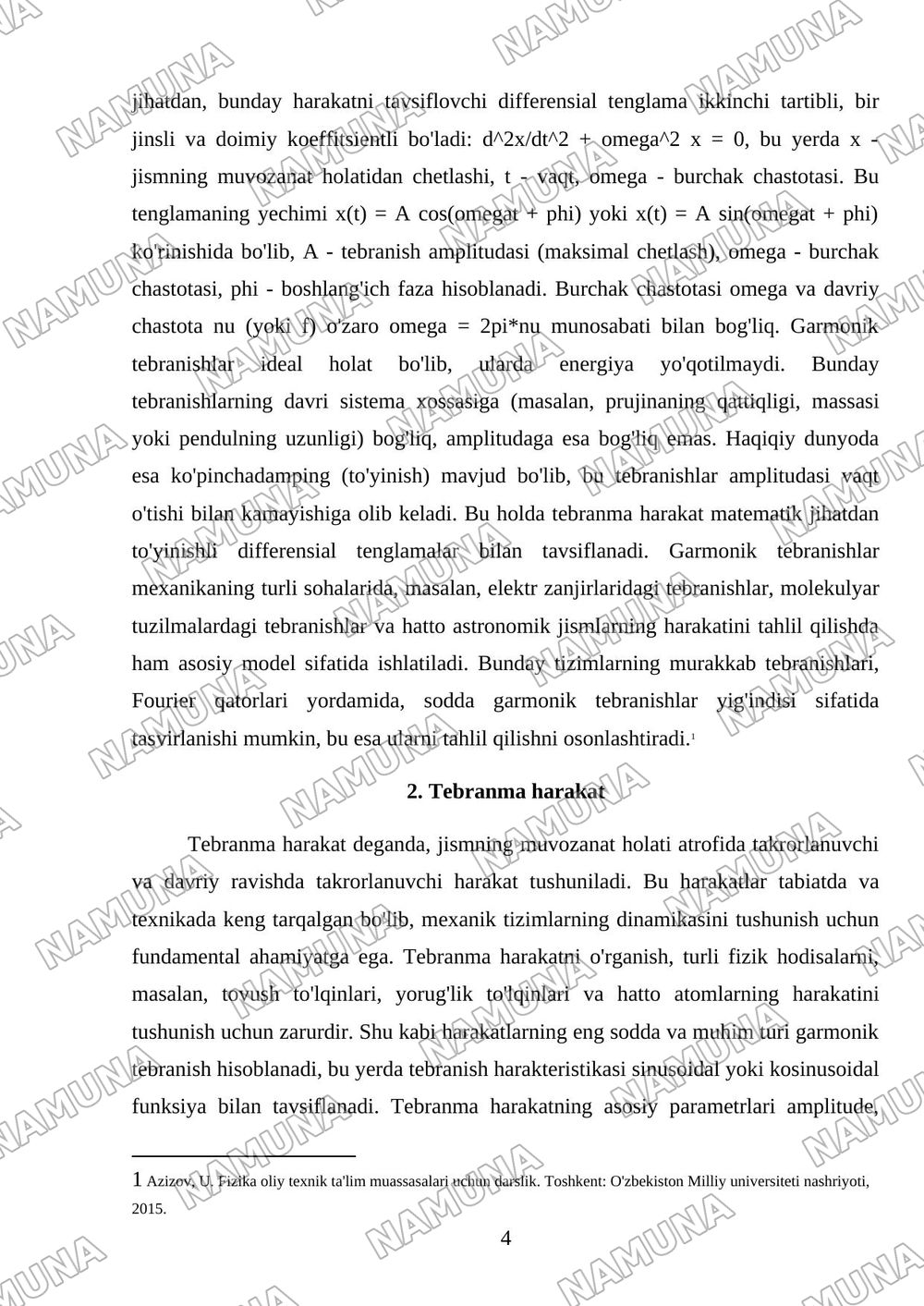 Mexanik tebranishlar. Tebranma harakat. Garmonik tebranishlar — referat, 4-varaq