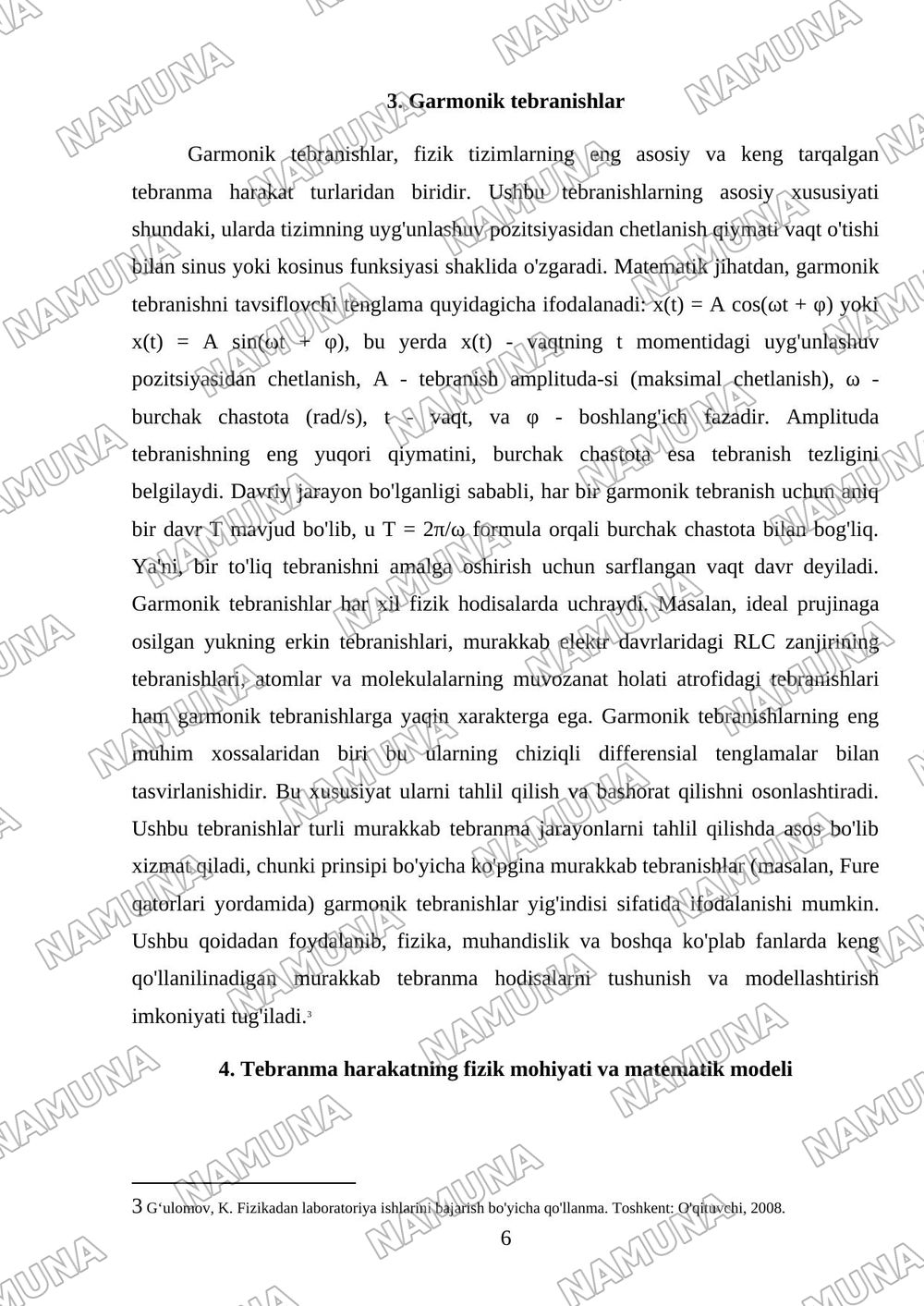Mexanik tebranishlar. Tebranma harakat. Garmonik tebranishlar — referat, 6-varaq