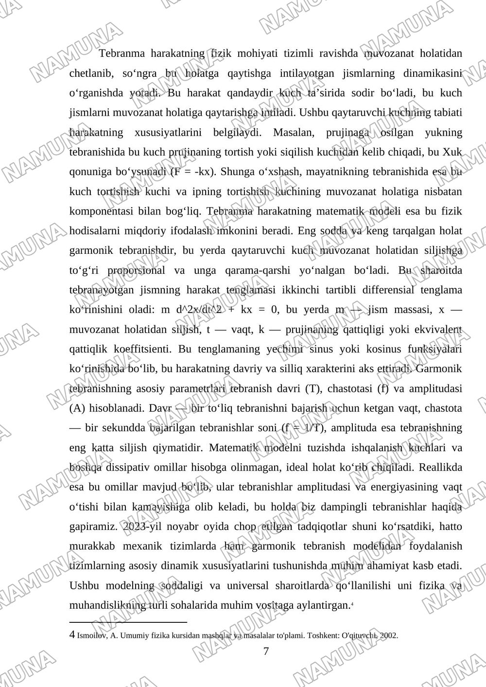 Mexanik tebranishlar. Tebranma harakat. Garmonik tebranishlar — referat, 7-varaq