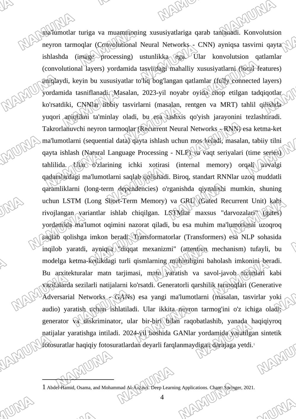 Suvniy neyron tarmoqlar Deer Learning va ularning qollanilish soxalari — mustaqil ish, 4-varaq
