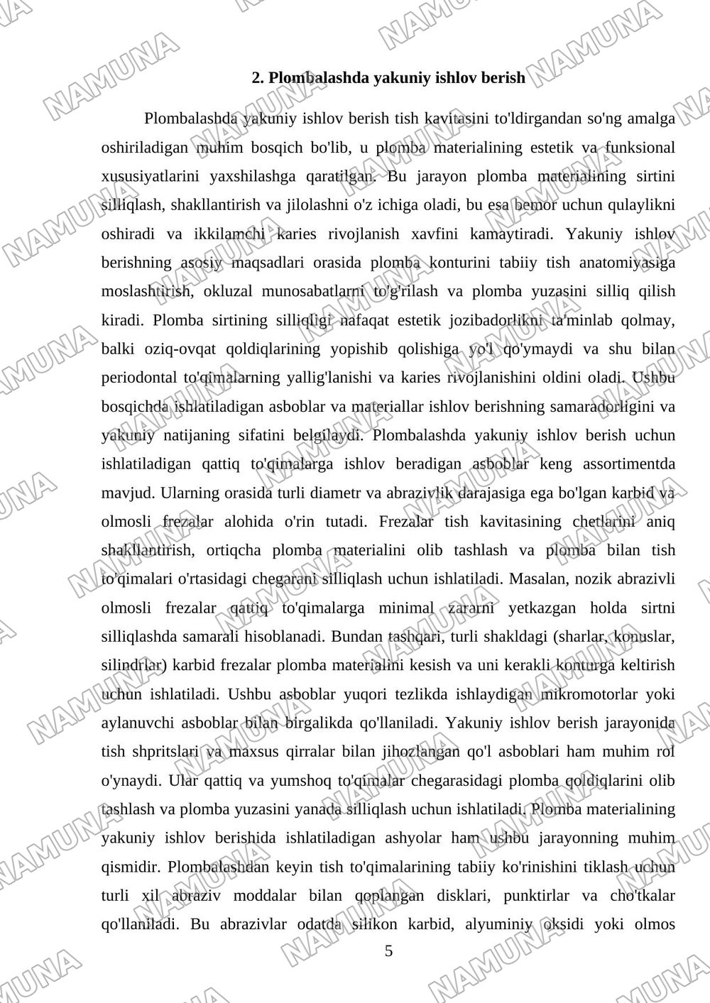Tishkarni qattiq tuqimalrini charxlashda ishlatiladigan rastsion saboblar Borlar plombaga yakuni ishlov berishda ishlatiladigan asboblar va ashyolar — mustaqil ish, 5-varaq