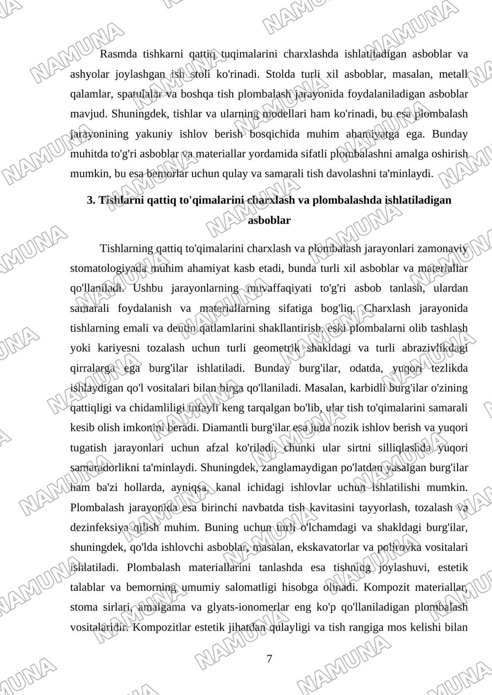 Tishkarni qattiq tuqimalrini charxlashda ishlatiladigan rastsion saboblar Borlar plombaga yakuni ishlov berishda ishlatiladigan asboblar va ashyolar — mustaqil ish, 7-varaq