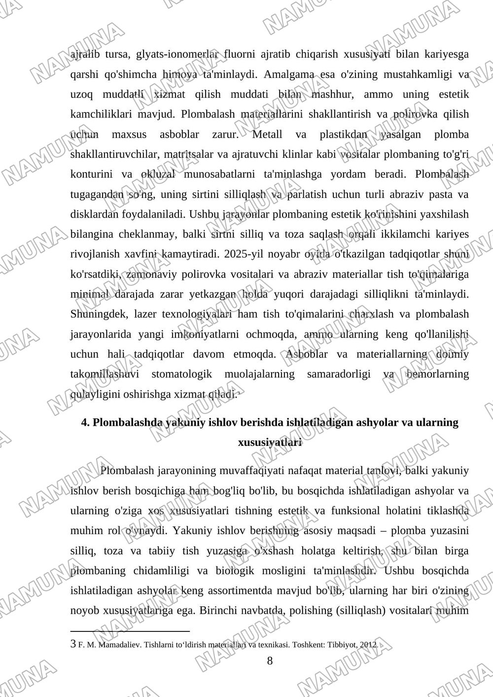 Tishkarni qattiq tuqimalrini charxlashda ishlatiladigan rastsion saboblar Borlar plombaga yakuni ishlov berishda ishlatiladigan asboblar va ashyolar — mustaqil ish, 8-varaq