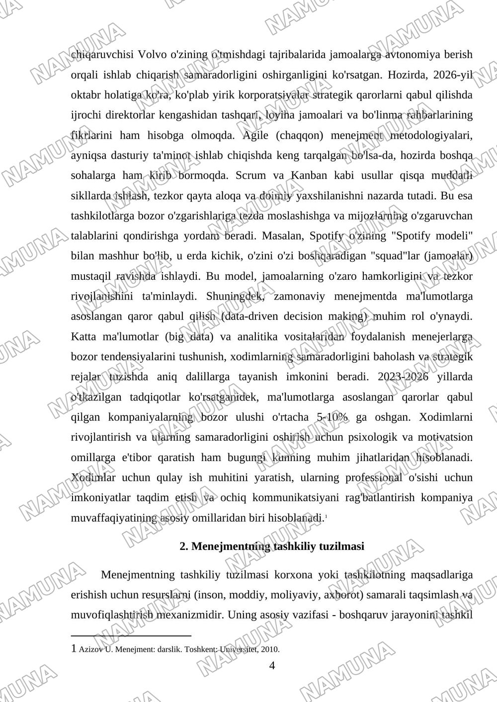 Menejerlar faoliyatini tashkil etish. Menejmentning tashkiliy tuzilishi. — referat, 4-varaq
