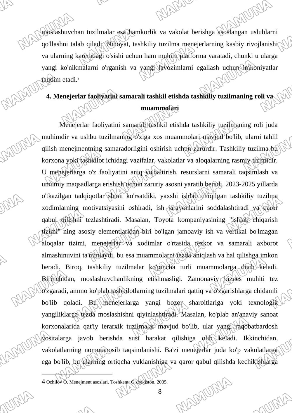 Menejerlar faoliyatini tashkil etish. Menejmentning tashkiliy tuzilishi. — referat, 8-varaq