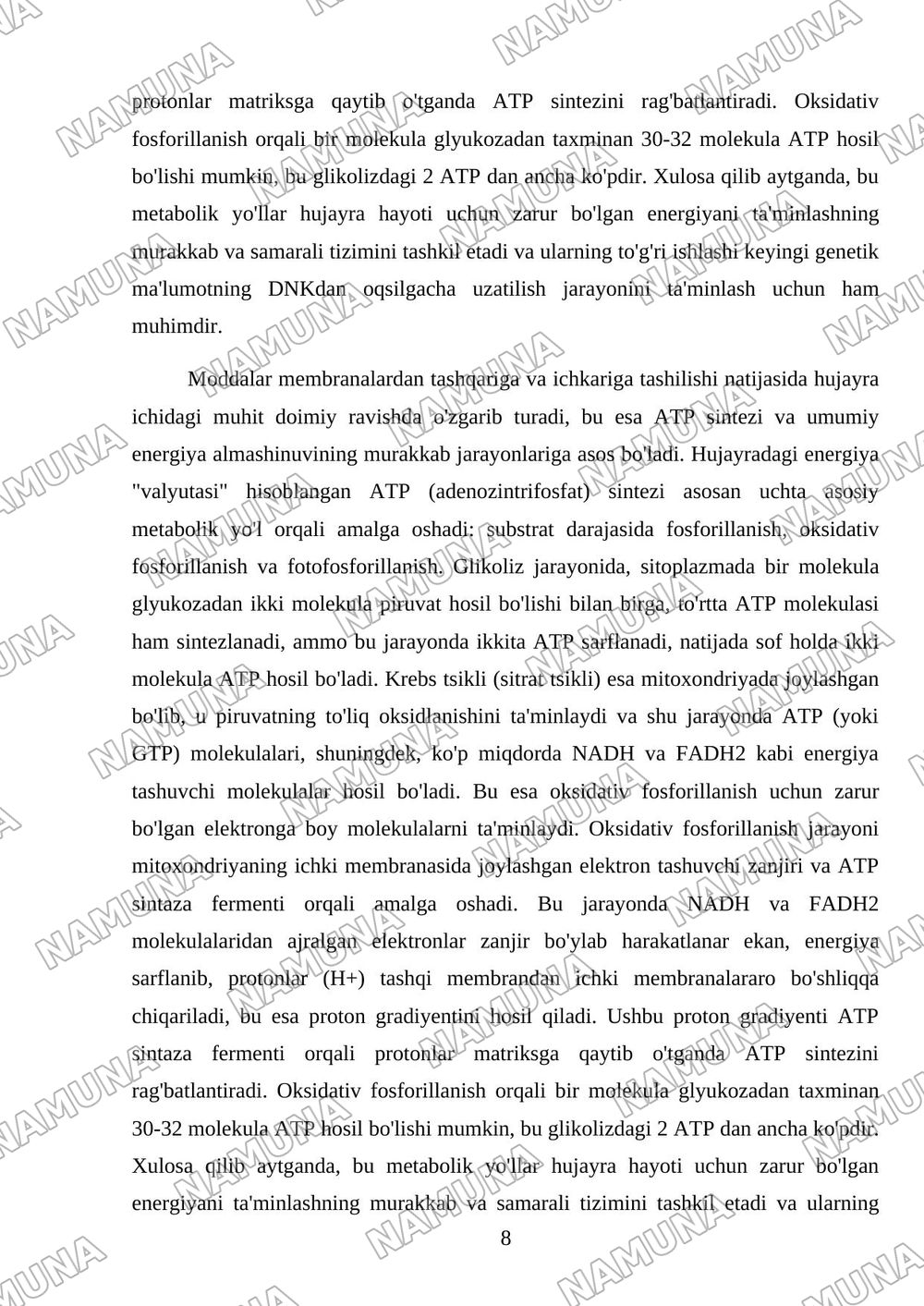 Hujayrada moddalar, energiya va ma'lumotlar oqimi.Hujayra proliferatsiyasi muammolarining tibbiyotdagi roli — mustaqil ish, 8-varaq