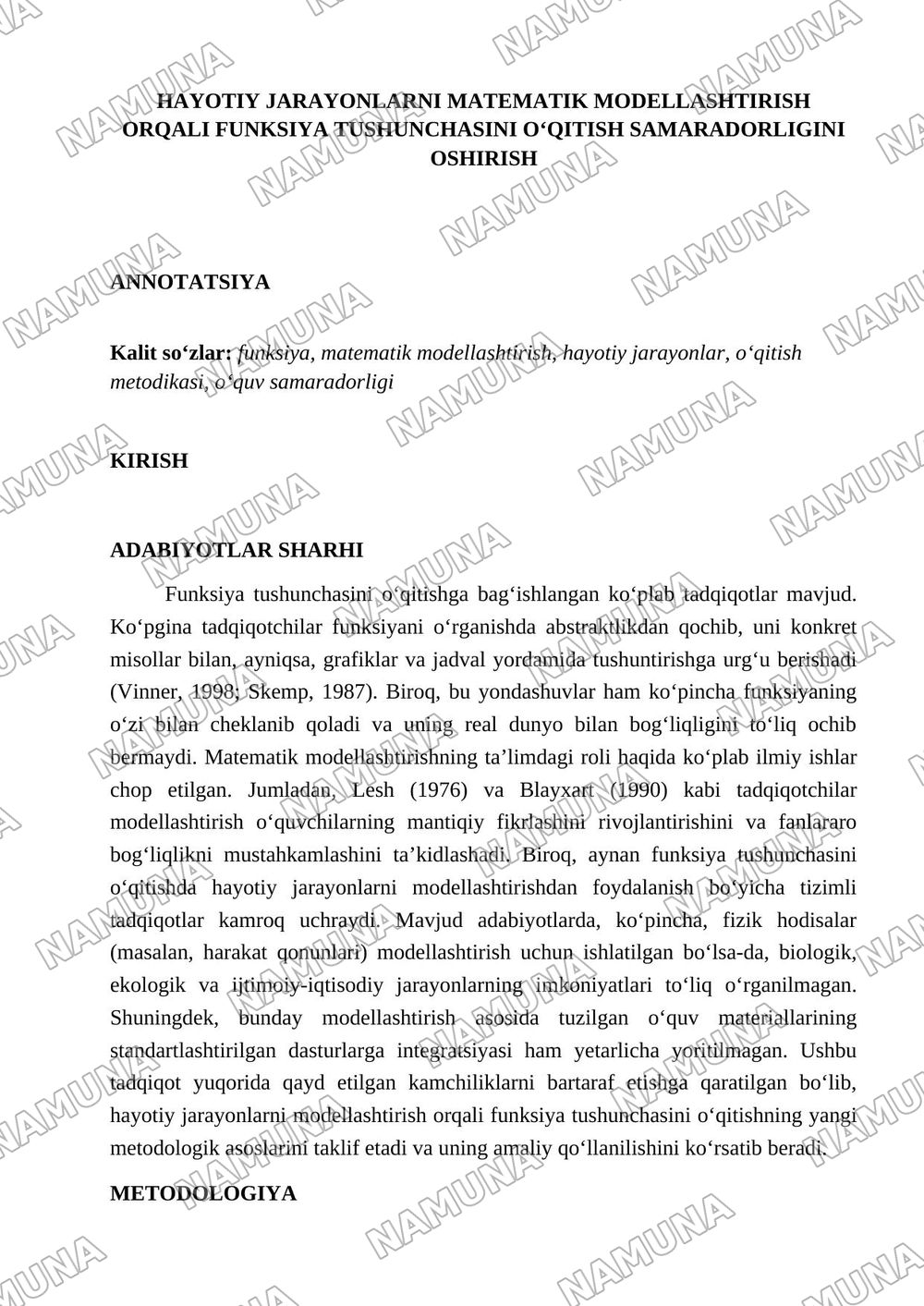 FUNKSIYA TUSHUNCHASINI HAYOTIY JARAYONLARNI MATEMATIK MODELLASHTIRISH ORQALI O‘QITISH — maqola, 1-varaq