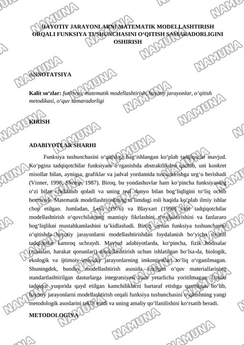 FUNKSIYA TUSHUNCHASINI HAYOTIY JARAYONLARNI MATEMATIK MODELLASHTIRISH ORQALI O‘QITISH — maqola