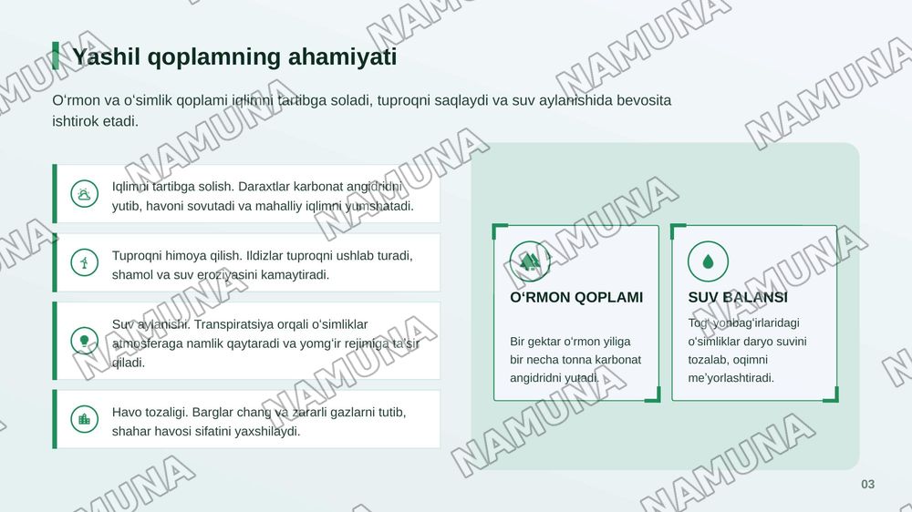 Oʻsimliklar dunyosini muxofaza qilish . Oʻsimliklarni tabiatda tutgan oʻrni va xususiyatlari — zamonaviy taqdimot, 4-slayd
