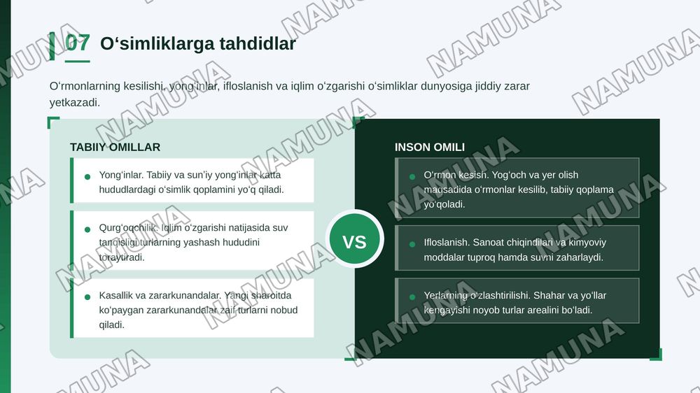 Oʻsimliklar dunyosini muxofaza qilish . Oʻsimliklarni tabiatda tutgan oʻrni va xususiyatlari — zamonaviy taqdimot, 8-slayd