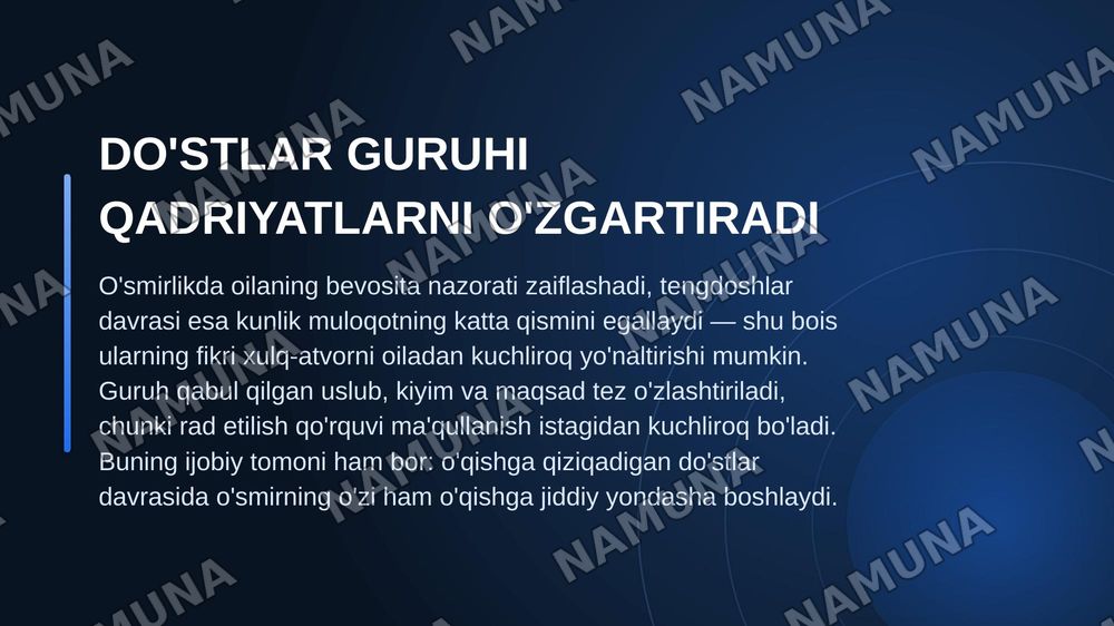 Oila, do‘stlar, o‘qituvchilar va jamiyat fikri inson xulq-atvori hamda faoliyat motivlariga qanday ta’sir ko‘rsatadi? — zamonaviy taqdimot, 8-slayd