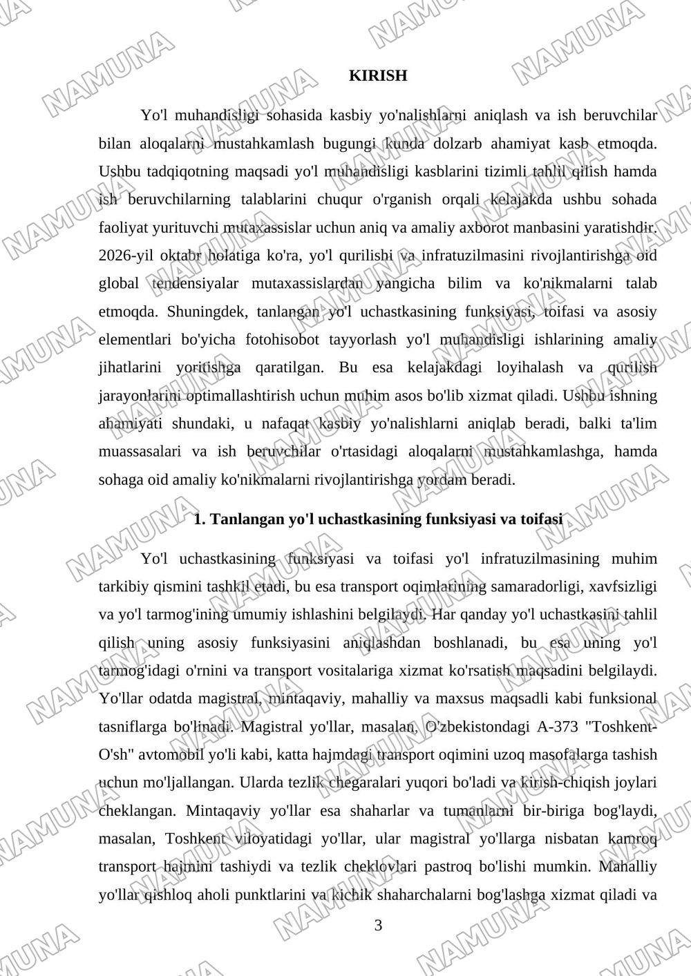 Yo‘l muhandisligi kasblari va ish beruvchilar xaritasi – individual infografika. 2 Tanlangan yo‘l uchastkasining funksiyasi, toifasi va asosiy elementlari bo‘yicha fotohisobot. 3 Yo‘l sohasidagi amald — mustaqil ish, 3-varaq