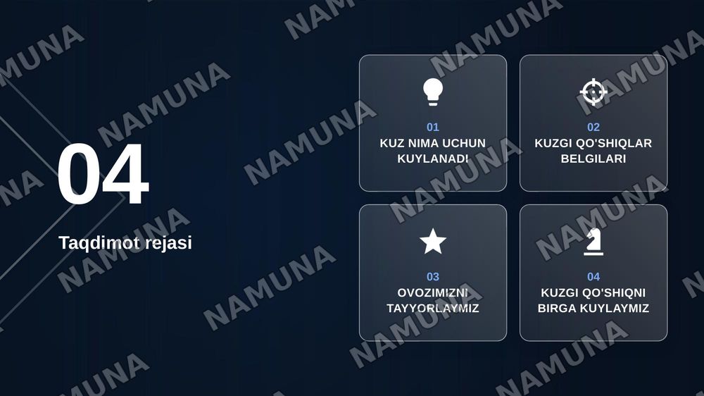 2-SINF UCHUN 40 DAQIQALIK DARS REJASI

Fan: Musiqa
Sinf: 2-sinf
Dars mavzusi: Kuz fasli qo‘shiqlari
Dars davomiyligi: 40 daqiqa — zamonaviy taqdimot, 2-slayd