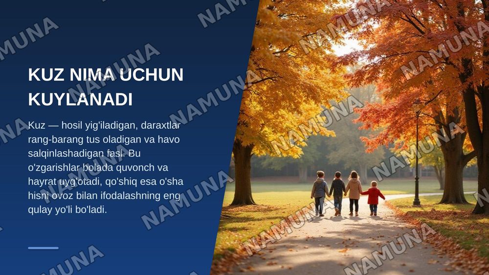 2-SINF UCHUN 40 DAQIQALIK DARS REJASI

Fan: Musiqa
Sinf: 2-sinf
Dars mavzusi: Kuz fasli qo‘shiqlari
Dars davomiyligi: 40 daqiqa — zamonaviy taqdimot, 3-slayd
