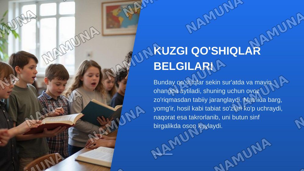 2-SINF UCHUN 40 DAQIQALIK DARS REJASI

Fan: Musiqa
Sinf: 2-sinf
Dars mavzusi: Kuz fasli qo‘shiqlari
Dars davomiyligi: 40 daqiqa — zamonaviy taqdimot, 4-slayd