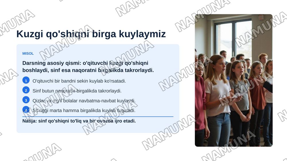 2-SINF UCHUN 40 DAQIQALIK DARS REJASI

Fan: Musiqa
Sinf: 2-sinf
Dars mavzusi: Kuz fasli qo‘shiqlari
Dars davomiyligi: 40 daqiqa — zamonaviy taqdimot, 6-slayd