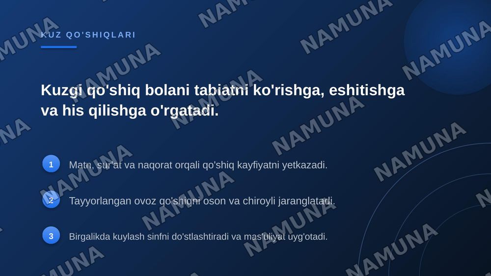 2-SINF UCHUN 40 DAQIQALIK DARS REJASI

Fan: Musiqa
Sinf: 2-sinf
Dars mavzusi: Kuz fasli qo‘shiqlari
Dars davomiyligi: 40 daqiqa — zamonaviy taqdimot, 7-slayd