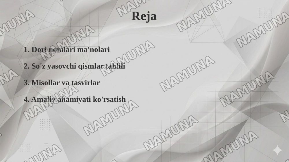 Dori nomlari yasalishida qo'llaniladigan ma'noli so'z yasovchi qismlar — taqdimot, 2-slayd